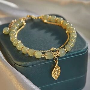 Double-Layer Green Jade Beaded Bracelet with Sparkling Golden Leaf Charm